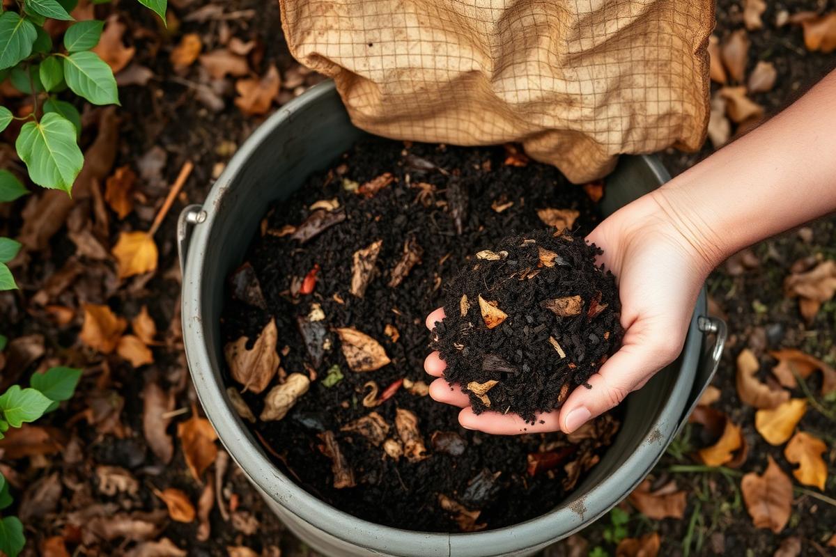 Hands holding a handful of dark, finished compost above a metal compost bin