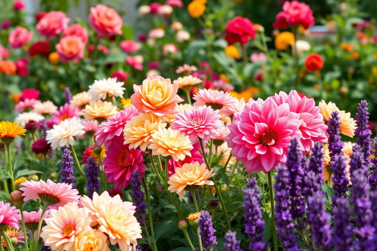 Dense cottage garden in full bloom with dahlias, roses, salvia and lavender