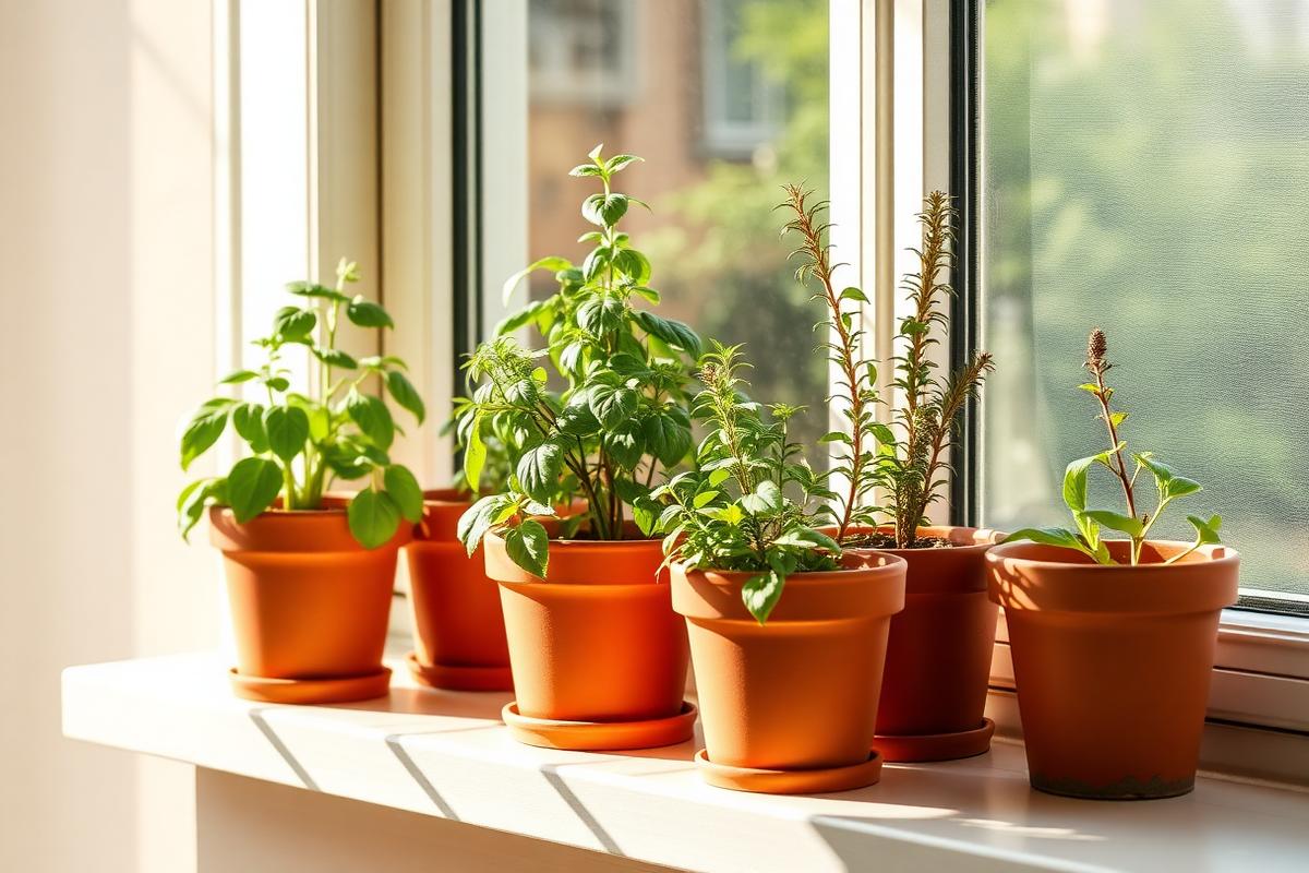 Terracotta pots of basil, mint and rosemary on a sunny indoor windowsill