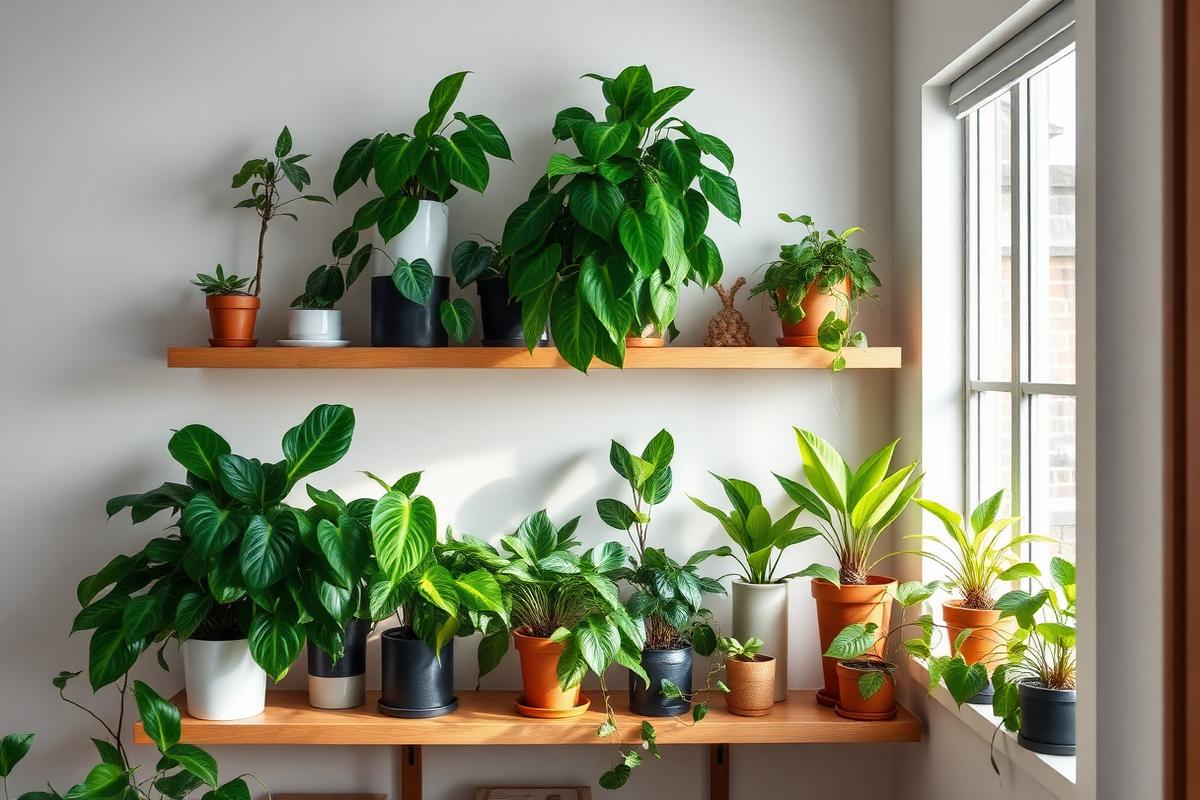 Collection of lush green houseplants on wooden shelves in a softly lit room