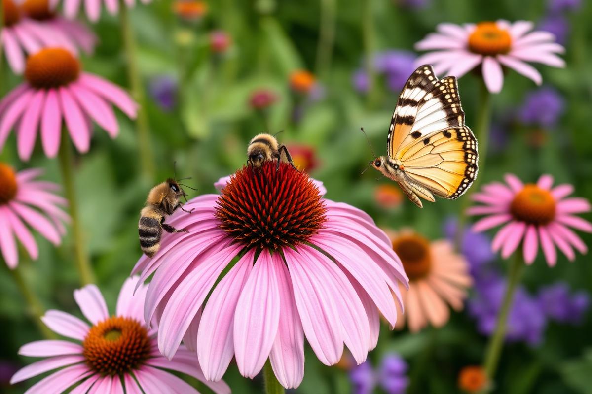 Bee and butterfly on a pink echinacea flower in a colorful pollinator garden