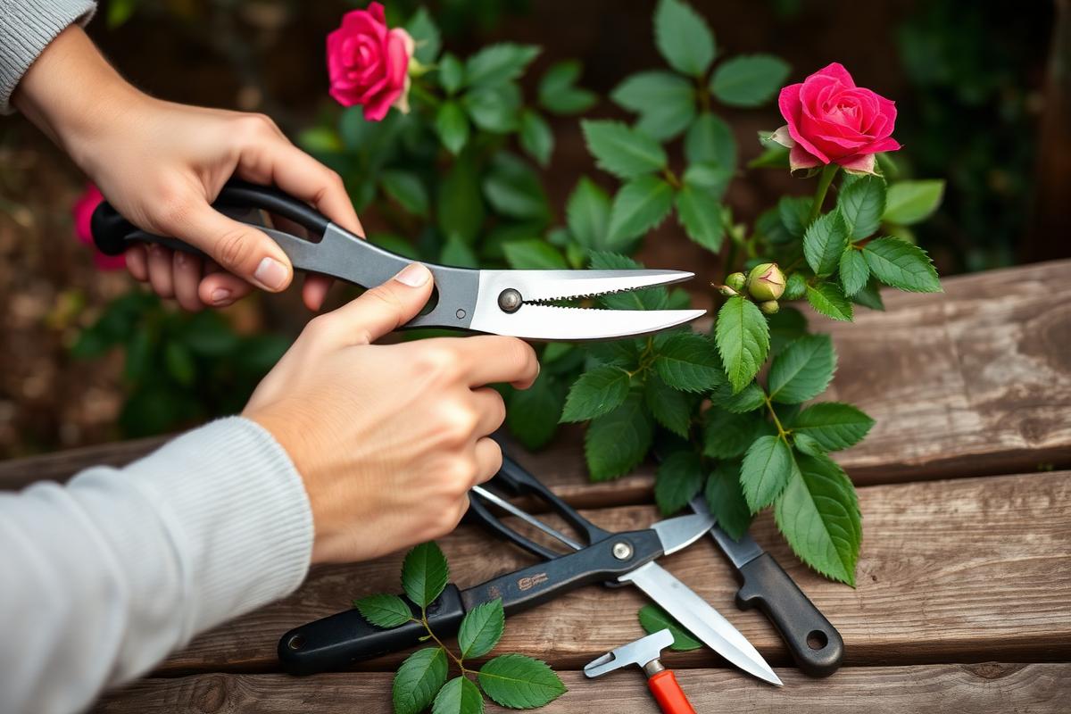 Pruning shears and gardening tools laid out on a wooden bench beside a rose bush