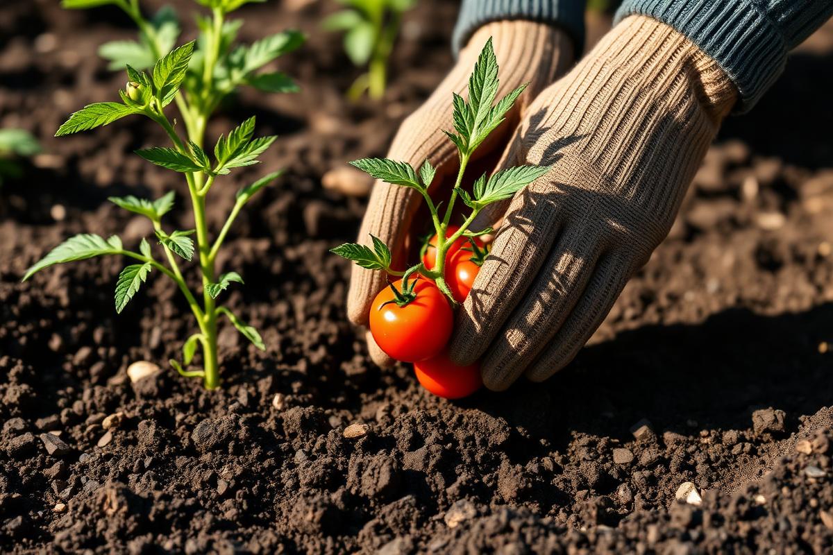 Hands planting tomato seedlings in a raised bed of dark, rich garden soil