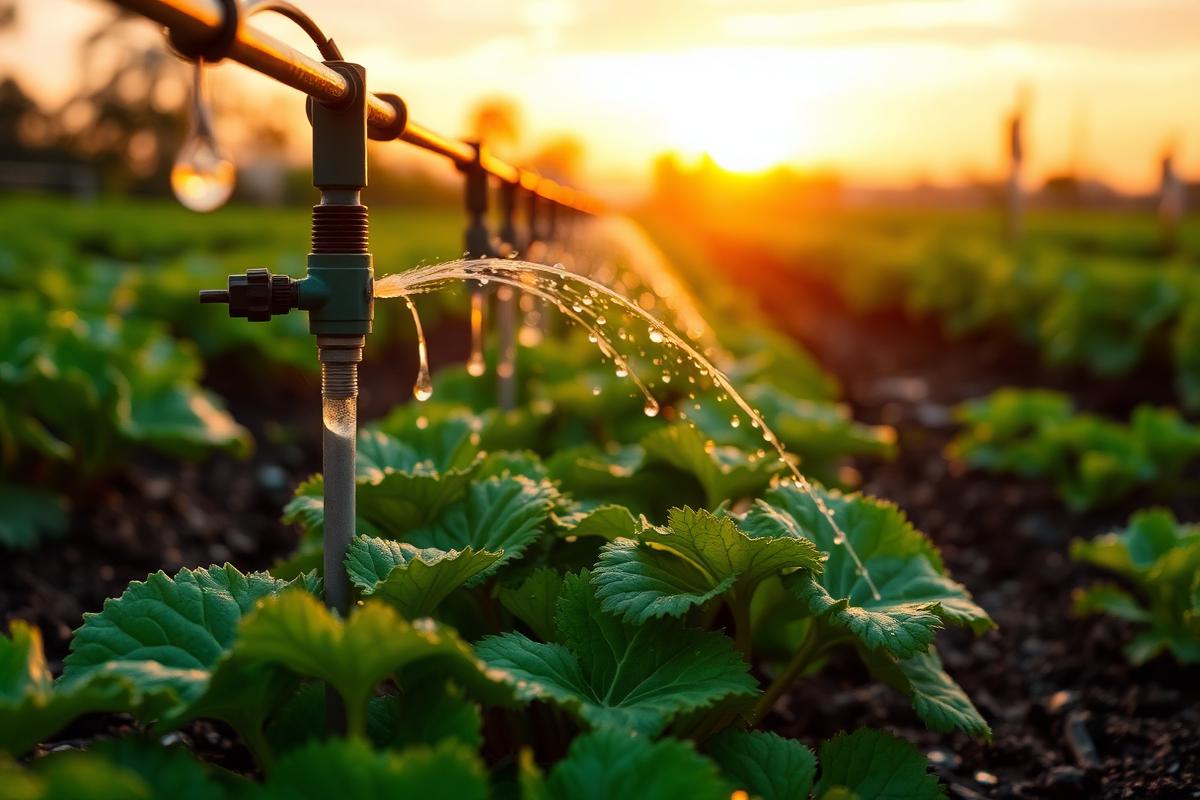 Drip irrigation line watering a row of leafy greens in a backyard vegetable garden at sunrise