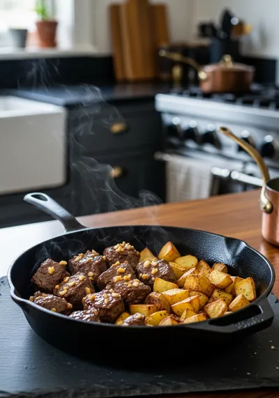 Slow Cooker Garlic Butter Beef Bites With Crispy Potatoes