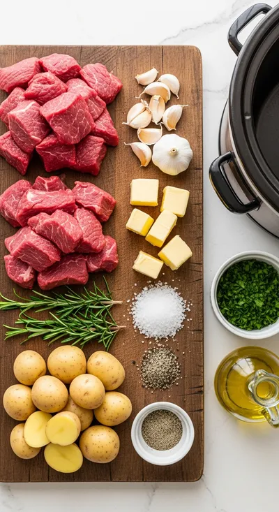 Slow Cooker Garlic Butter Beef Bites With Crispy Potatoes - ready to serve